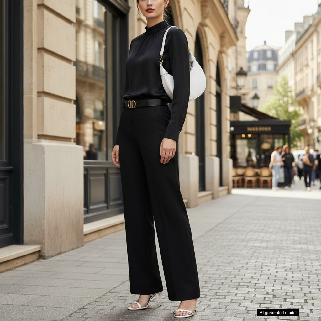 A person wearing a black long-sleeve blouse, black high-waisted trousers, silver heels, and a crescent-shaped handbag crafted from Italian calf leather stands on a city sidewalk with classic buildings in the background.