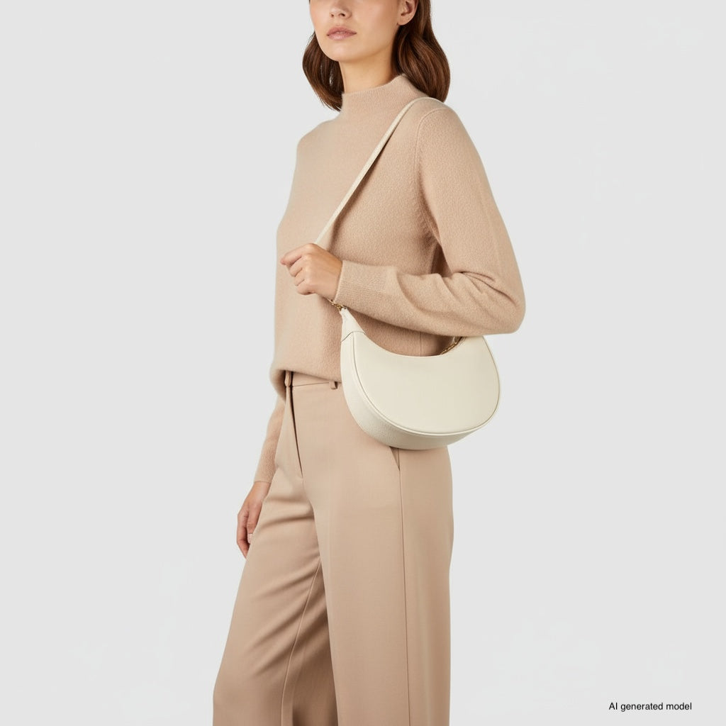 A woman wearing a beige turtleneck sweater and taupe pants poses with a cream-colored crescent-shaped handbag, expertly crafted with Italian calf leather, against a plain light background.