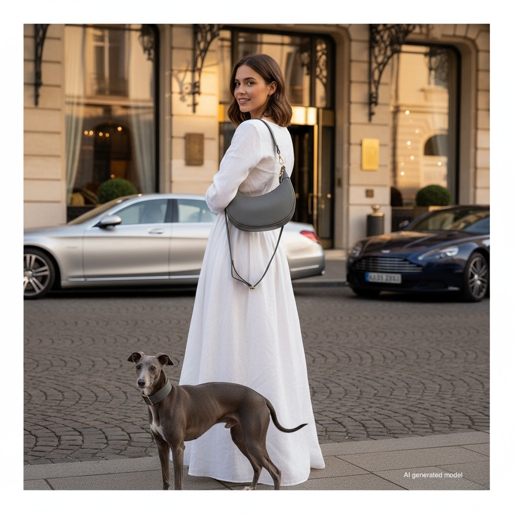 A woman in a long white dress stands on a city street, smiling at the camera while holding a crescent-shaped handbag crafted with artisan craftsmanship. A slender gray dog stands beside her, with parked cars and large windowed buildings in the background.