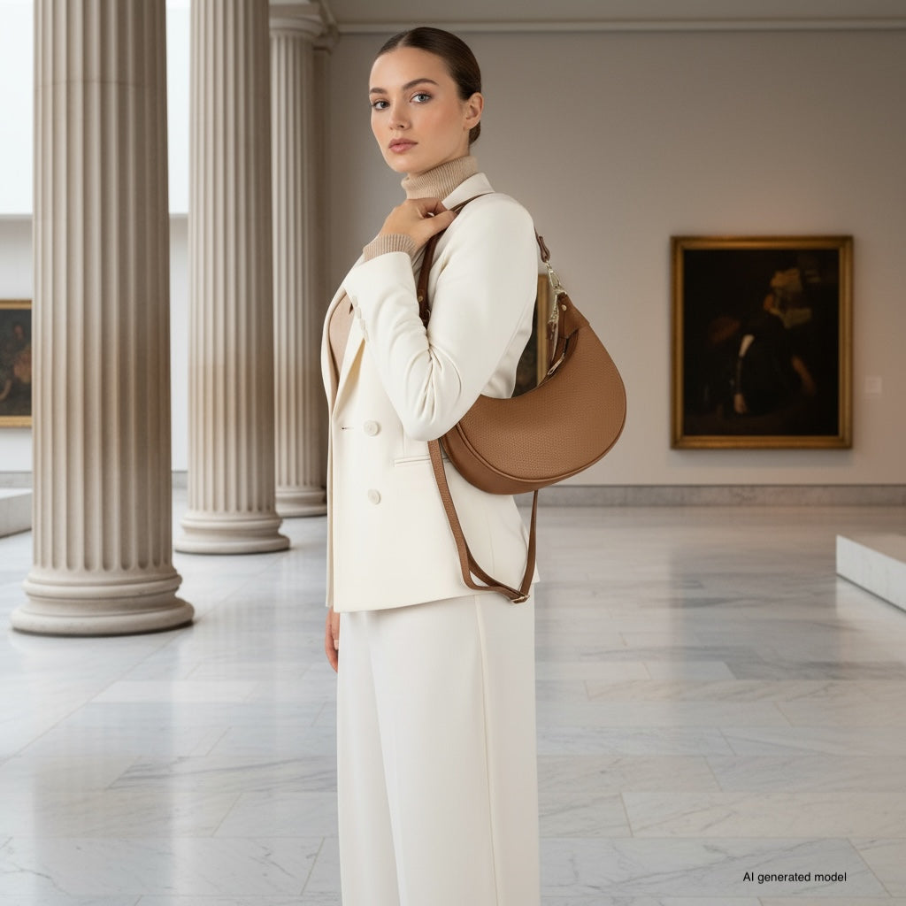 A woman in a white suit stands in a spacious gallery with marble floors and columns, carrying a crescent-shaped handbag crafted from Italian calf leather. Framed paintings hang on the walls in the background.