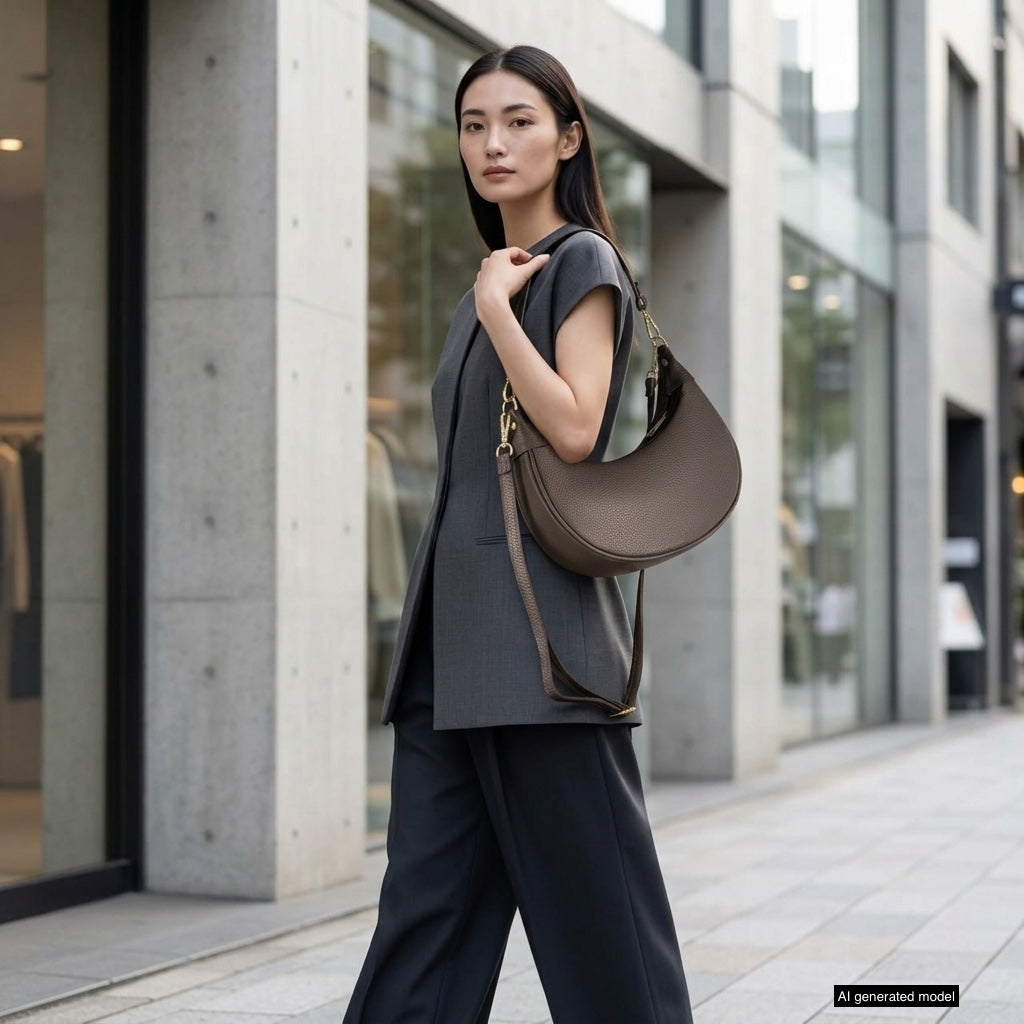 A woman in a gray pantsuit stands on a city sidewalk, holding a large Italian calf leather handbag over her shoulder. She looks confidently at the camera, framed by modern buildings lining the street in the background.