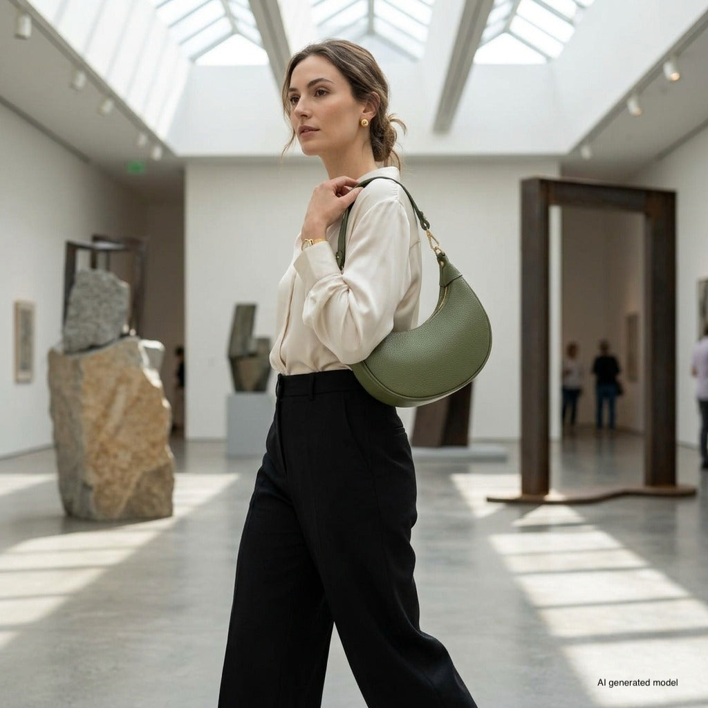A woman in a light blouse and black pants carries a crescent-shaped handbag, walking through a modern art gallery with sculptures and skylights. Several people view the artisan craftsmanship of the artwork in the background.