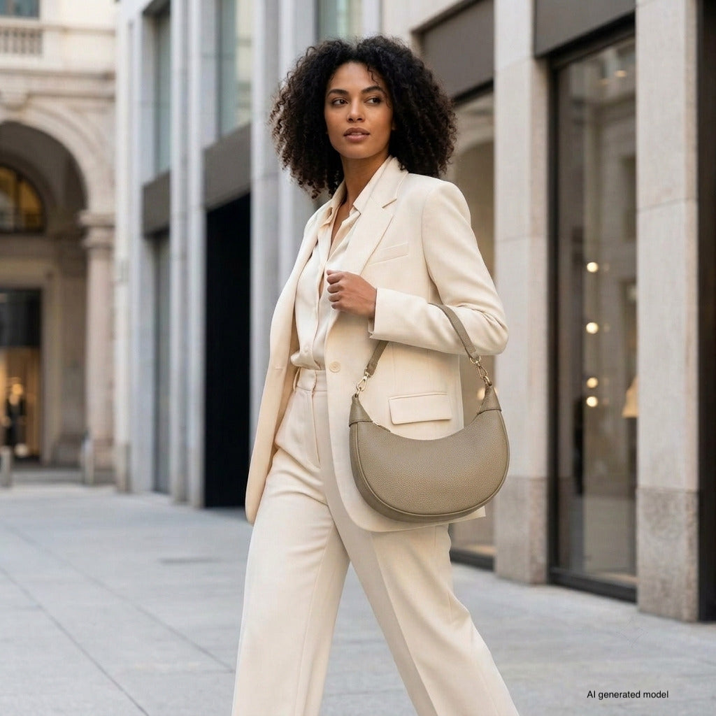 A woman wearing a cream-colored suit and carrying a crescent-shaped handbag crafted from Italian calf leather walks confidently down a city street lined with modern buildings.