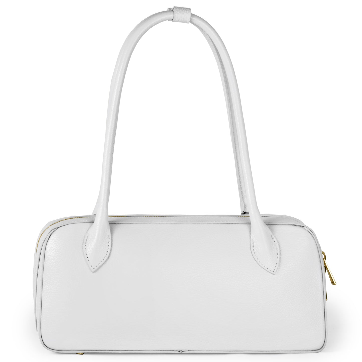 A white rectangular calf leather handbag with two long handles and gold zipper accents, highlighting Florentine craftsmanship, displayed on a plain white background.