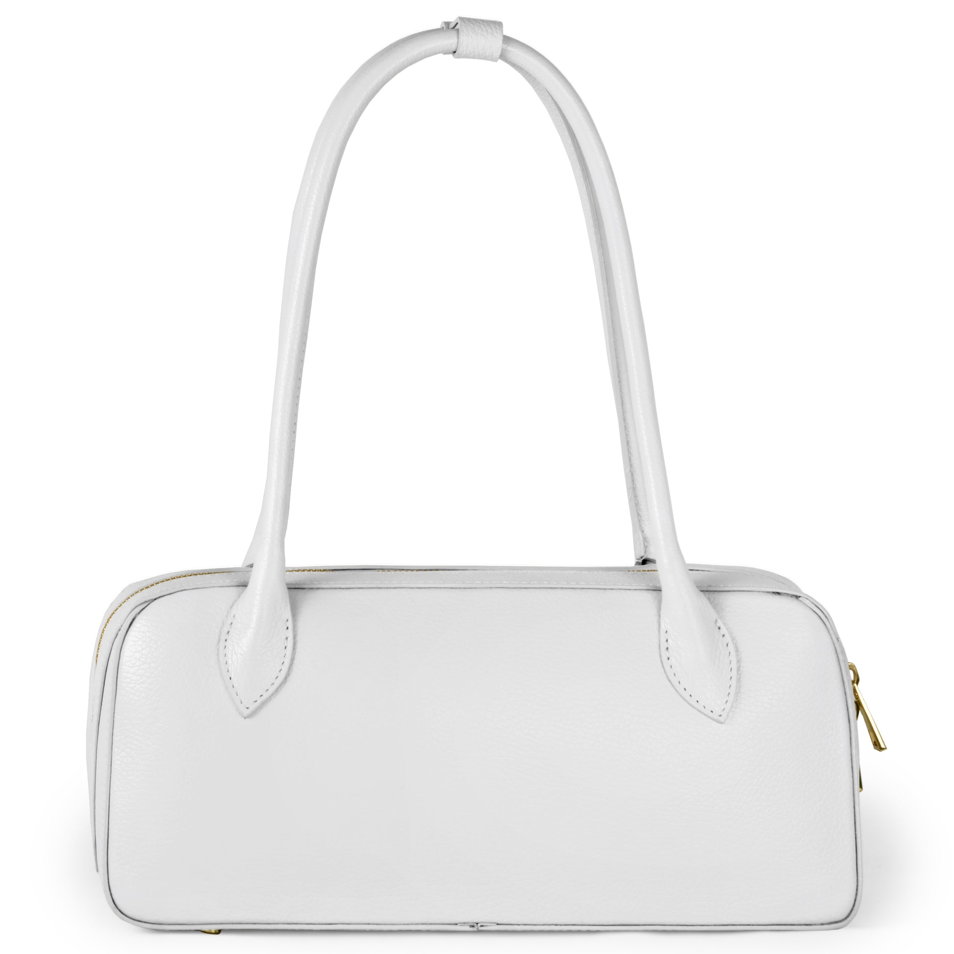 A white rectangular calf leather handbag with two long handles and gold zipper accents, highlighting Florentine craftsmanship, displayed on a plain white background.