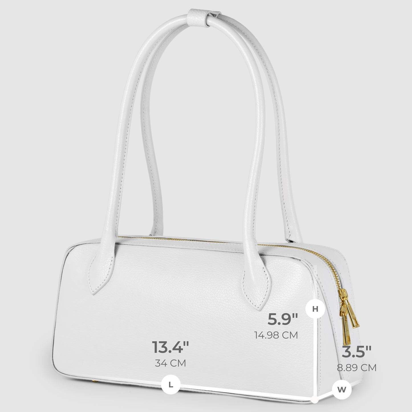 A white rectangular Italian leather bag with two handles, a gold zipper, and dimensions labeled: 13.4 (34 cm) long, 5.9 (14.98 cm) high, and 3.5 (8.89 cm) wide—showcasing elegant Florentine craftsmanship.