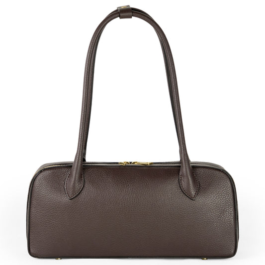 A rectangular, dark brown Italian leather bag with two long handles and a textured surface, shown against a white background. The bag features Florentine craftsmanship and a gold zipper closure on top.
