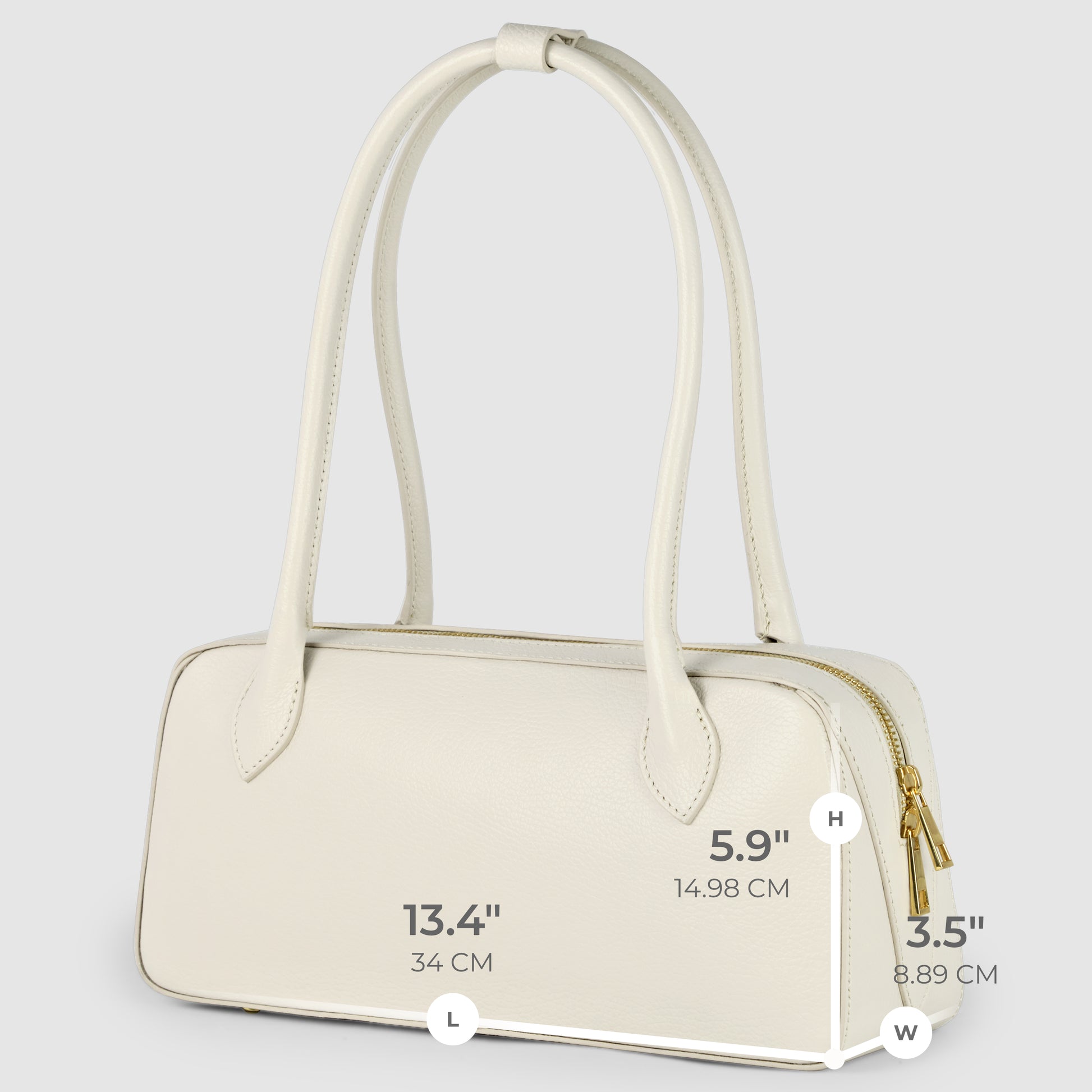 A white Italian leather bag with measurements, showcasing premium calf leather and timeless elegance.