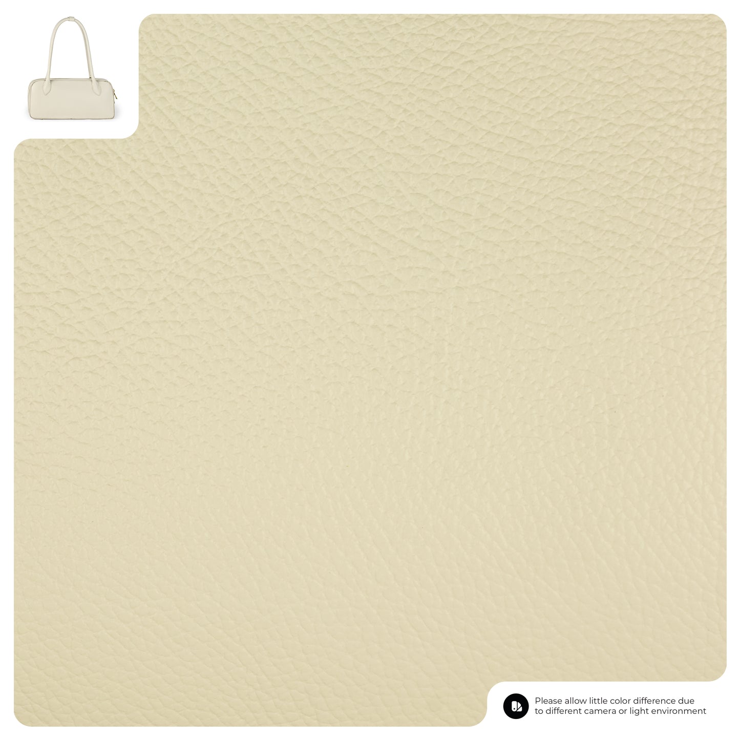 A close-up of textured cream-colored premium calf leather with a small image of a matching cream Italian leather bag in the top left corner. A note at the bottom mentions possible color differences due to camera or lighting.