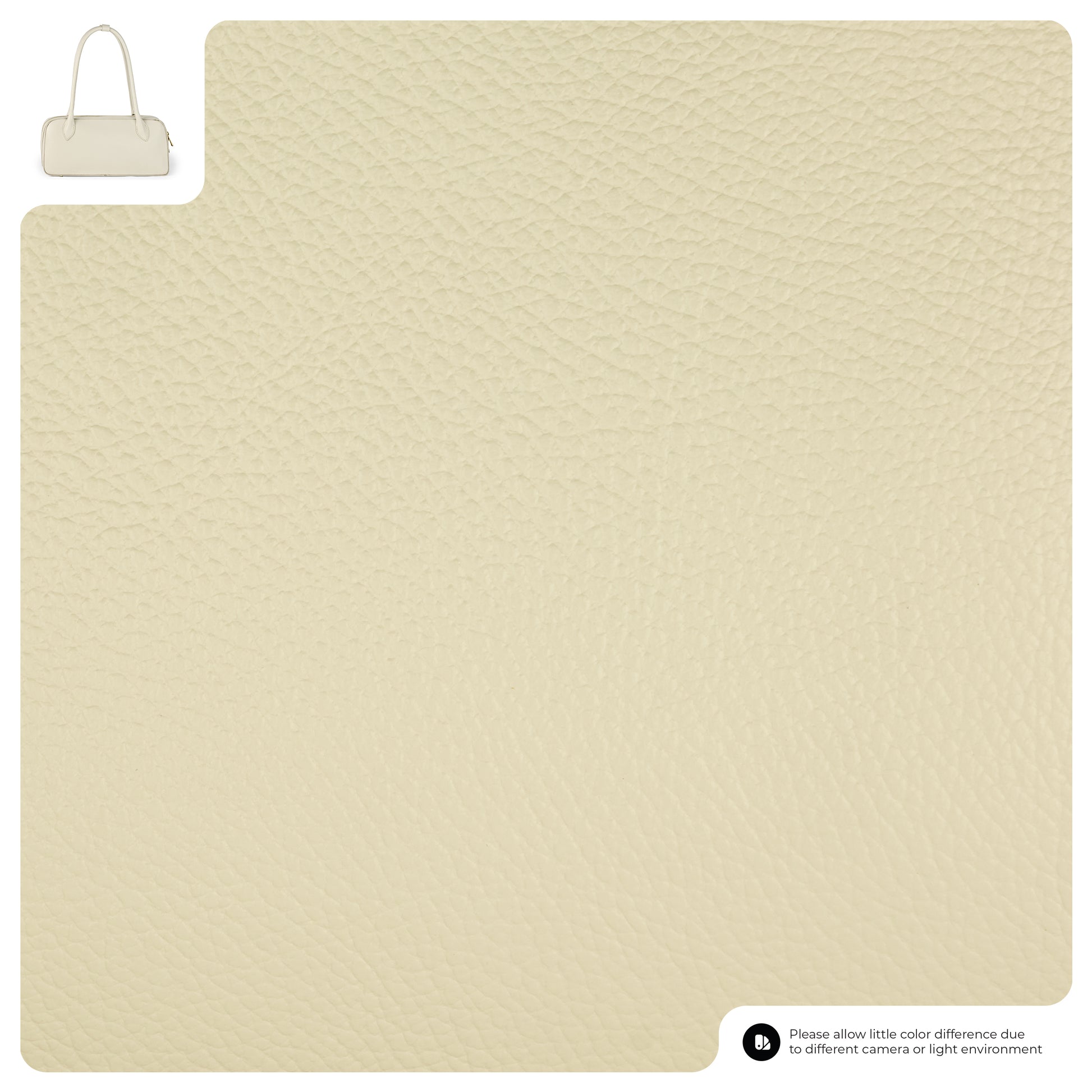 A close-up of textured cream-colored premium calf leather with a small image of a matching cream Italian leather bag in the top left corner. A note at the bottom mentions possible color differences due to camera or lighting.