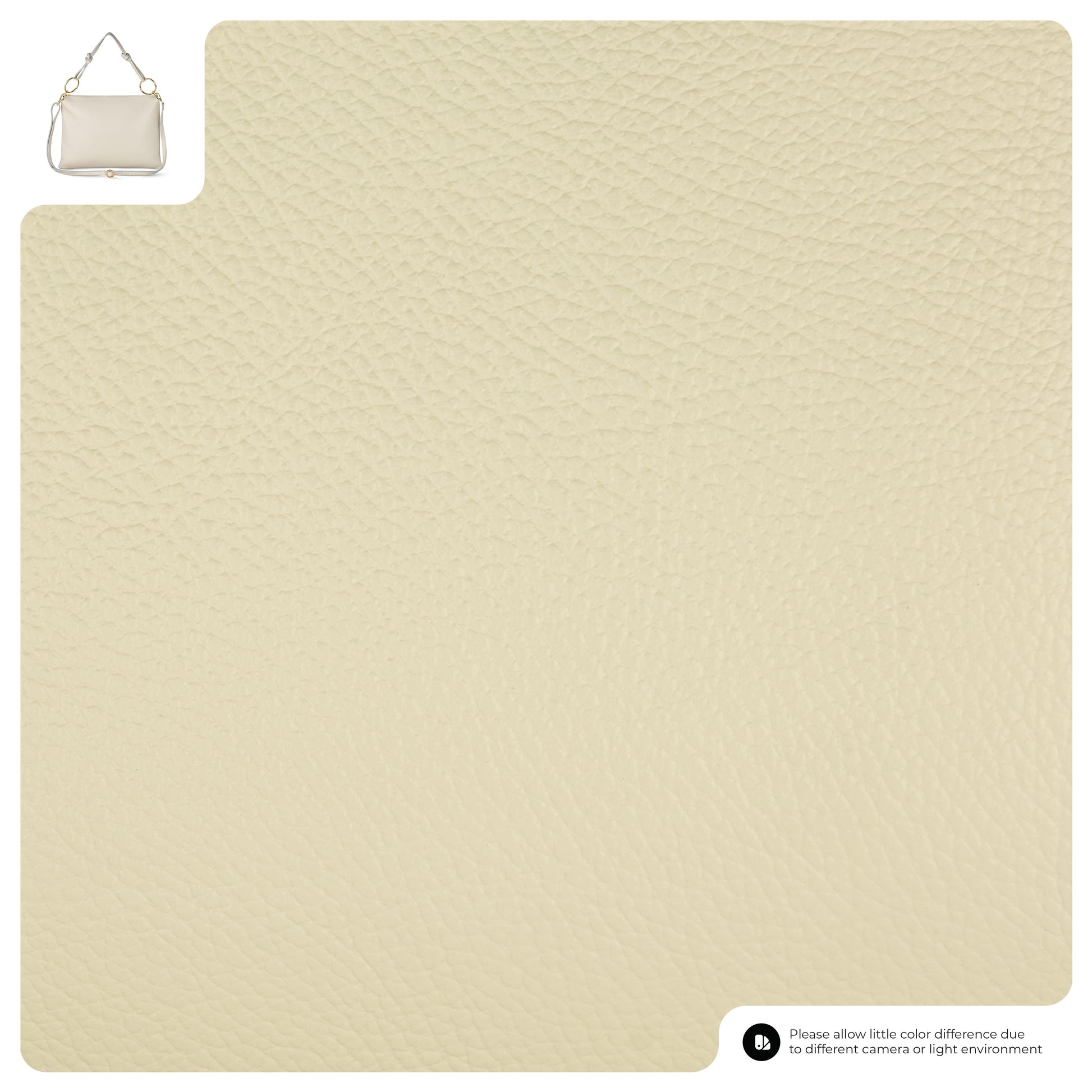 Light beige textured leather swatch, with a small handbag icon in the top left corner.