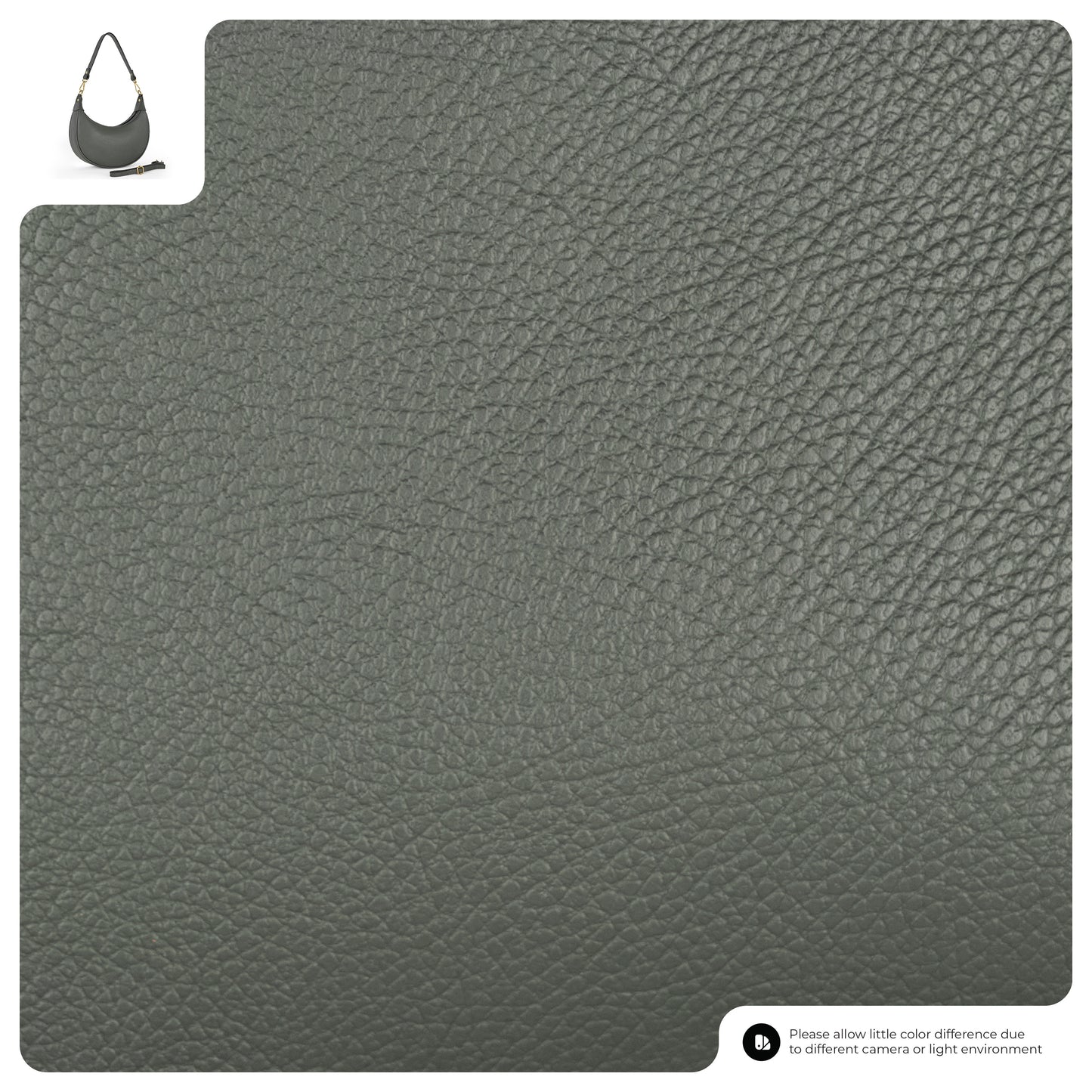 Gray textured leather with a small bag image in the corner and a color variance note.