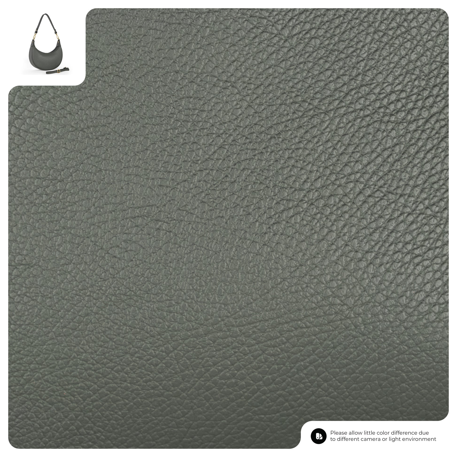 Gray textured leather with a small bag image in the corner and a color variance note.