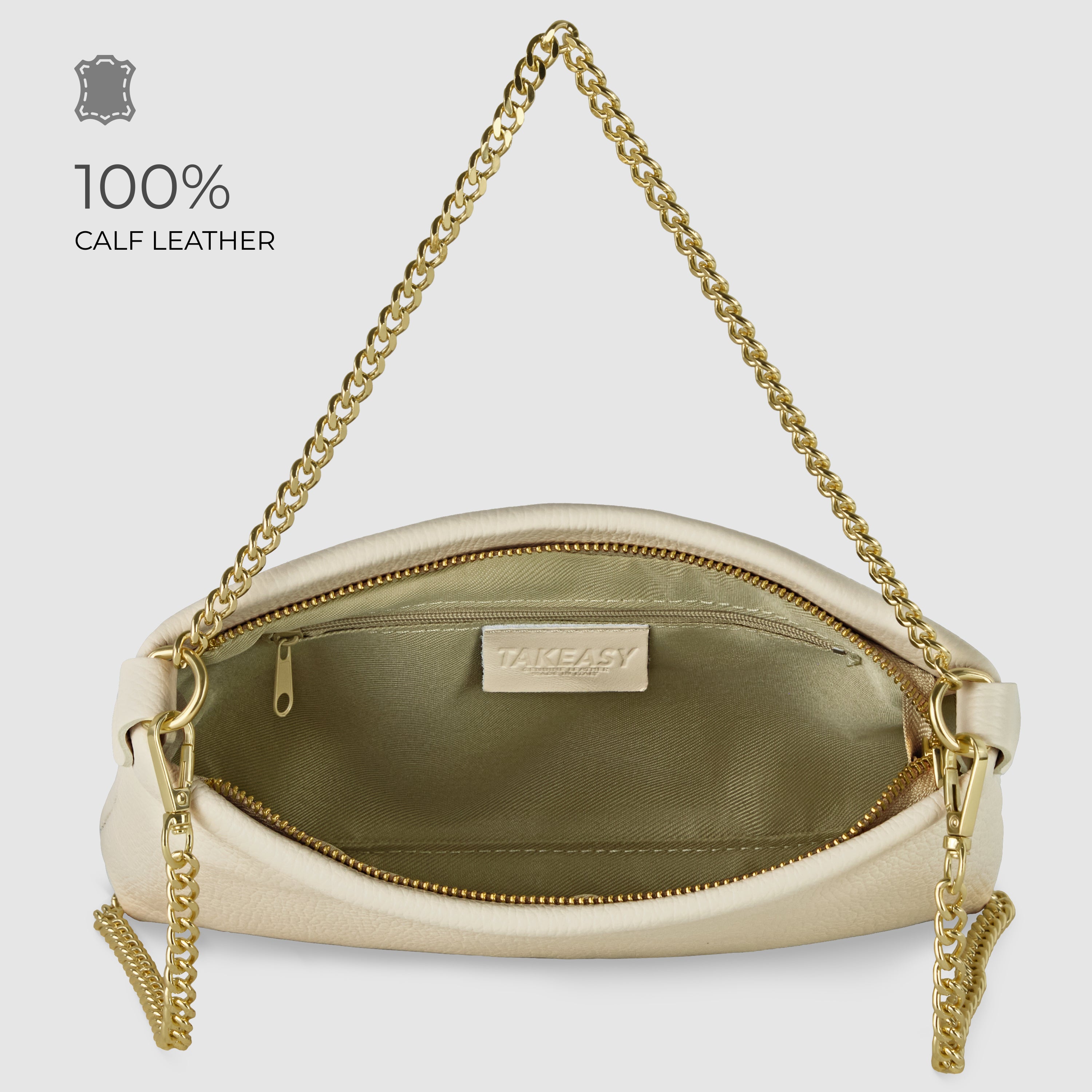 TAKEASY Italian Genuine Calf Leather Crossbody Bag with Chain Strap