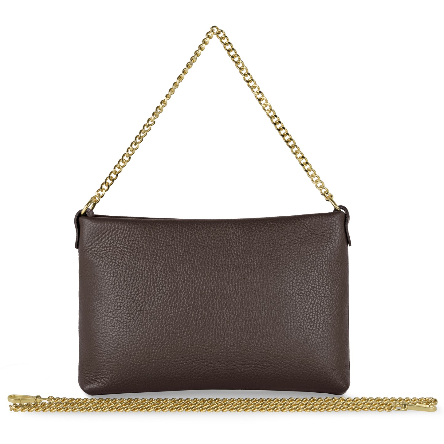 A chocolate Italian leather crossbody purse with a textured surface, featuring a gold chain shoulder strap attached and another similar chain displayed in front of the bag.
