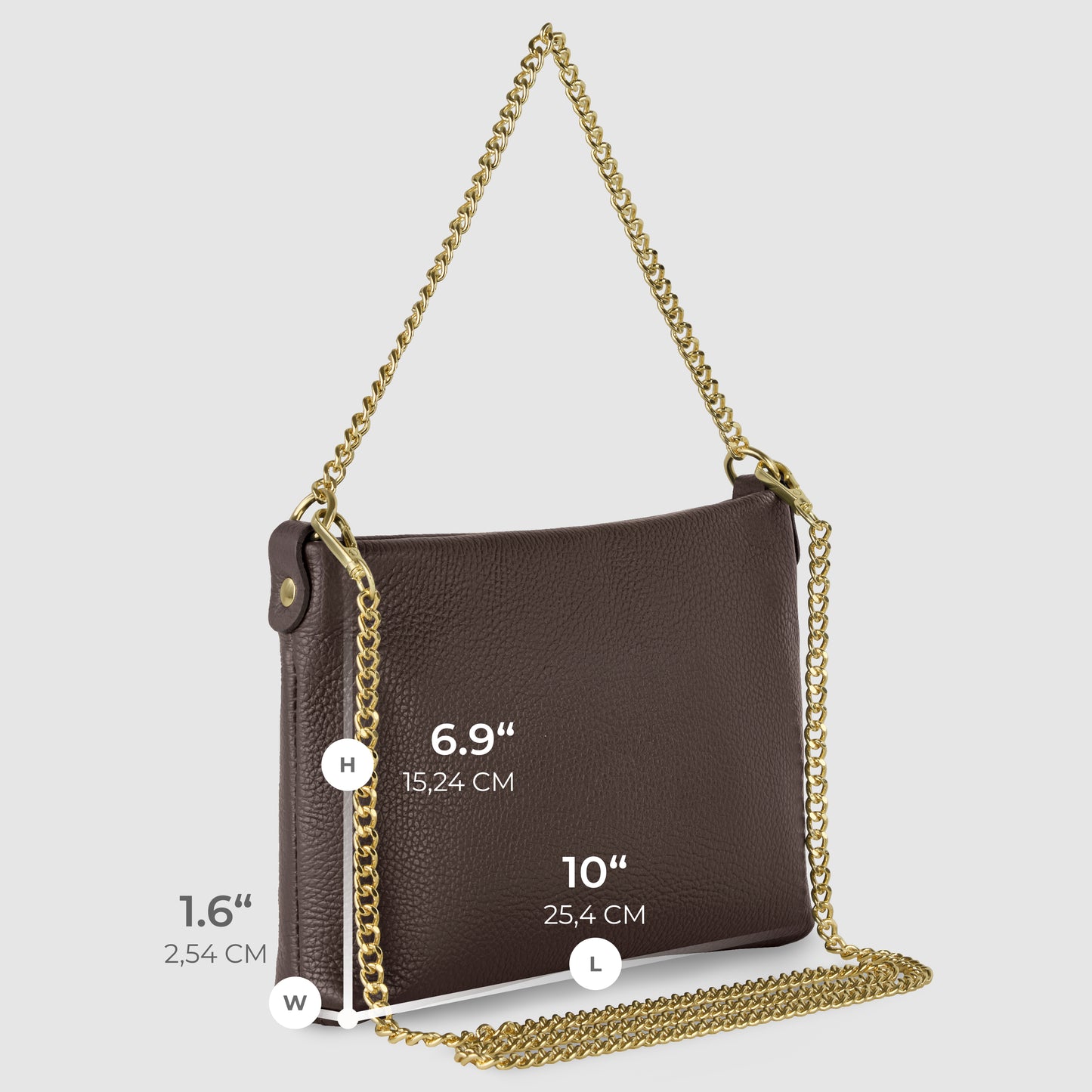 A handcrafted Italian calf leather crossbody purse with a gold chain strap is shown. The purse measures 10 inches (25.4 cm) in length, 6.9 inches (15.24 cm) in height, and 1.6 inches (2.54 cm) in width.