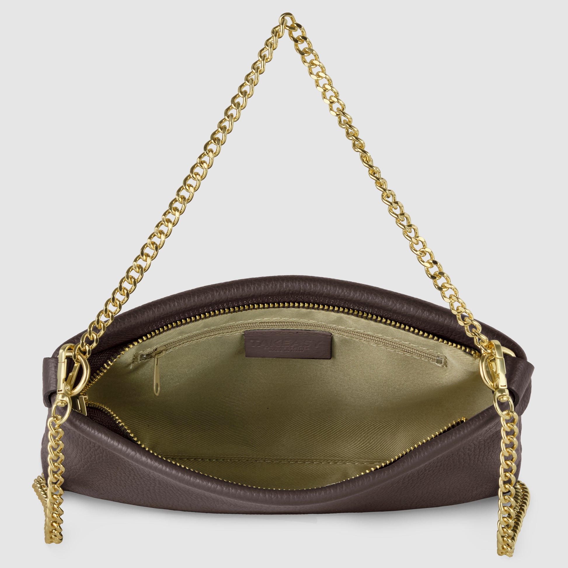 A brown Italian calf leather crossbody purse with a gold chain strap, shown open to reveal a beige fabric interior with a zippered pocket and leather logo patch. The gold zipper is unzipped, displaying the spacious main compartment.