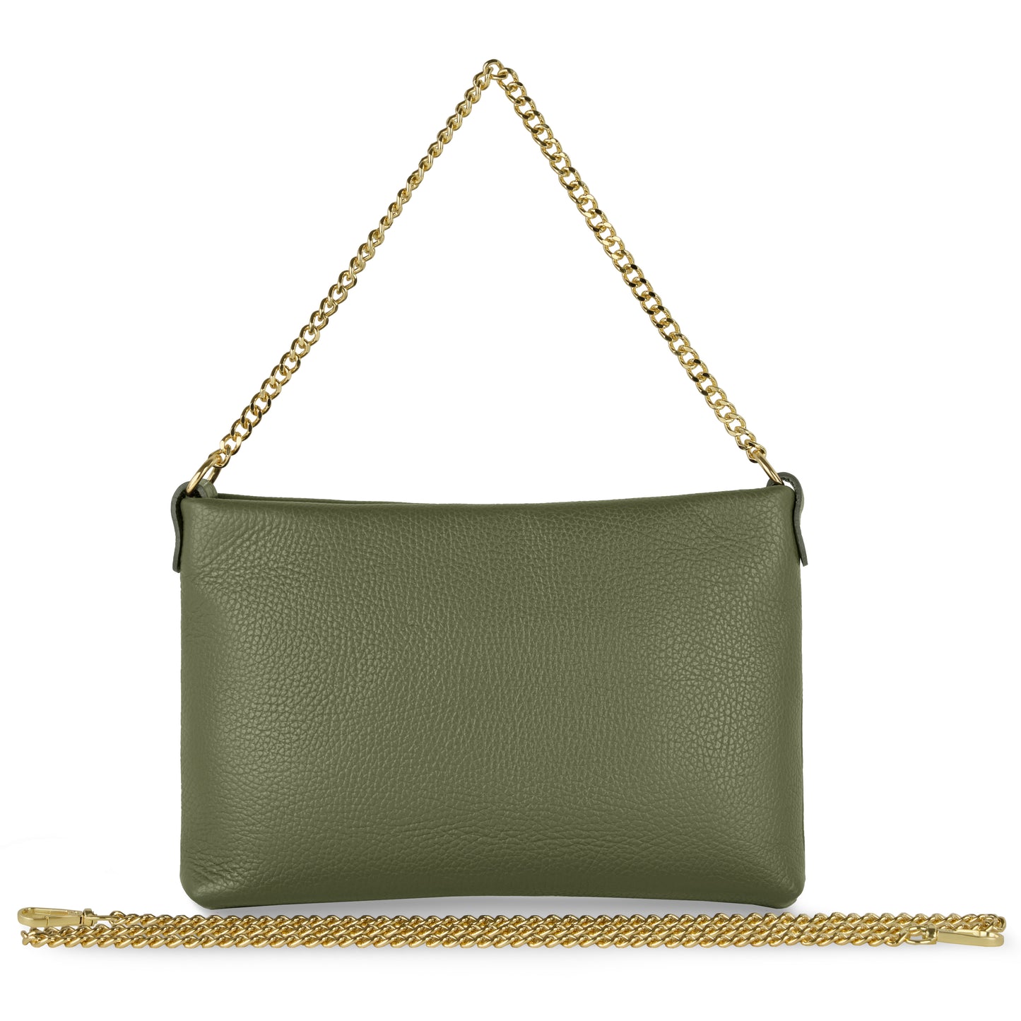 An olive pebbled handcrafted handbag with a gold chain handle and a longer gold chain strap in front, made from Italian leather, styled as a chic gold chain purse, displayed on a white background.
