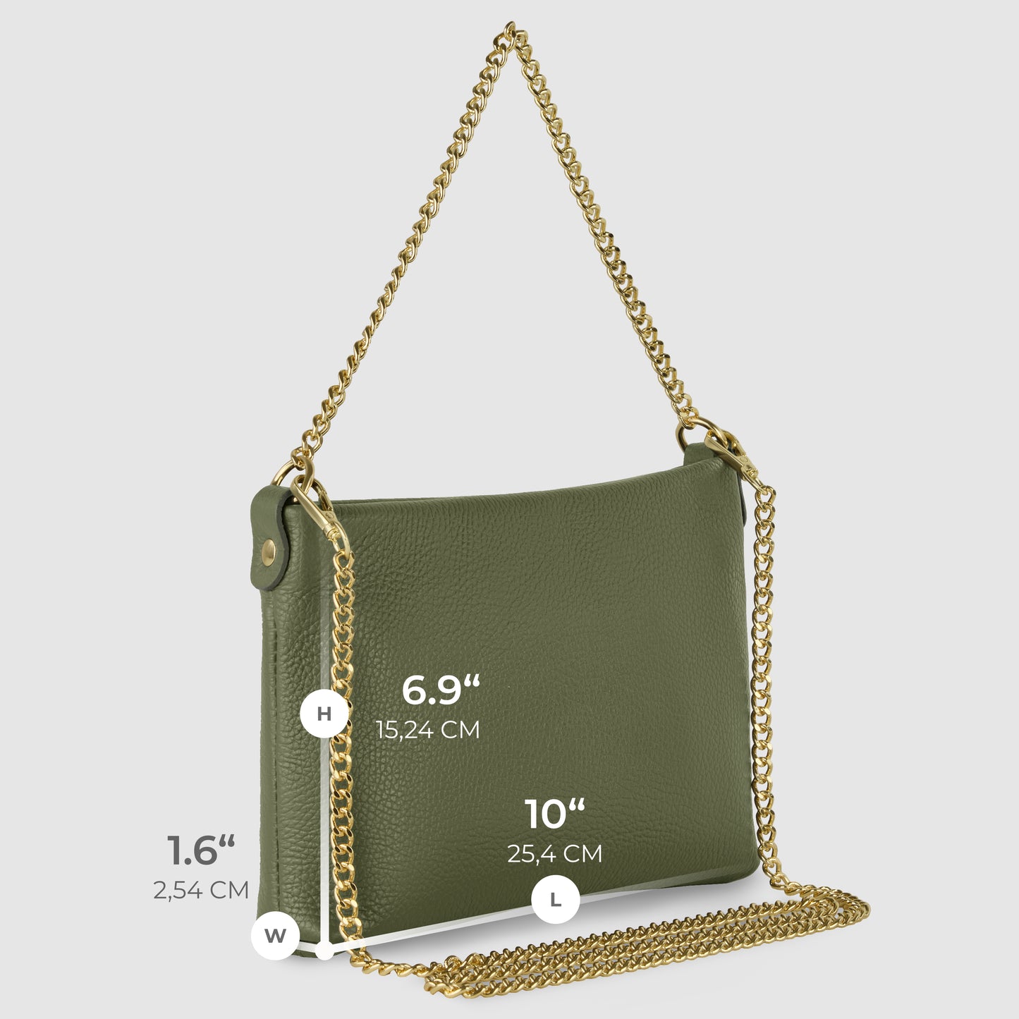 An olive green Italian leather crossbody purse with a gold chain strap is displayed. This handcrafted handbag measures 10 (25.4 cm) long, 6.9 (15.24 cm) high, and 1.6 (2.54 cm) wide.
