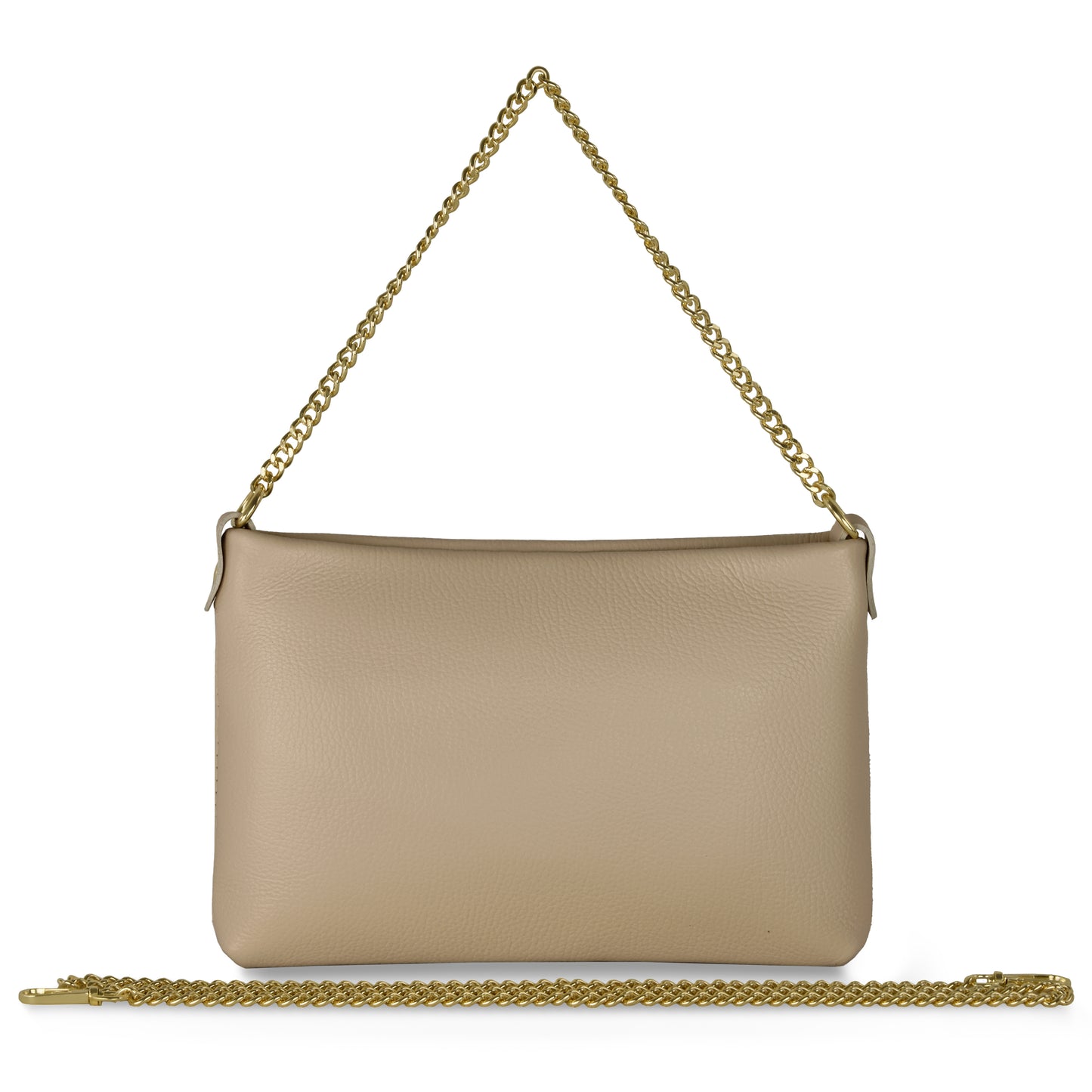 A taupe Italian leather handbag features a gold chain shoulder strap attached, with an extra matching chain strap below the bag on a white background—ideal as a chic small crossbody purse for any occasion.