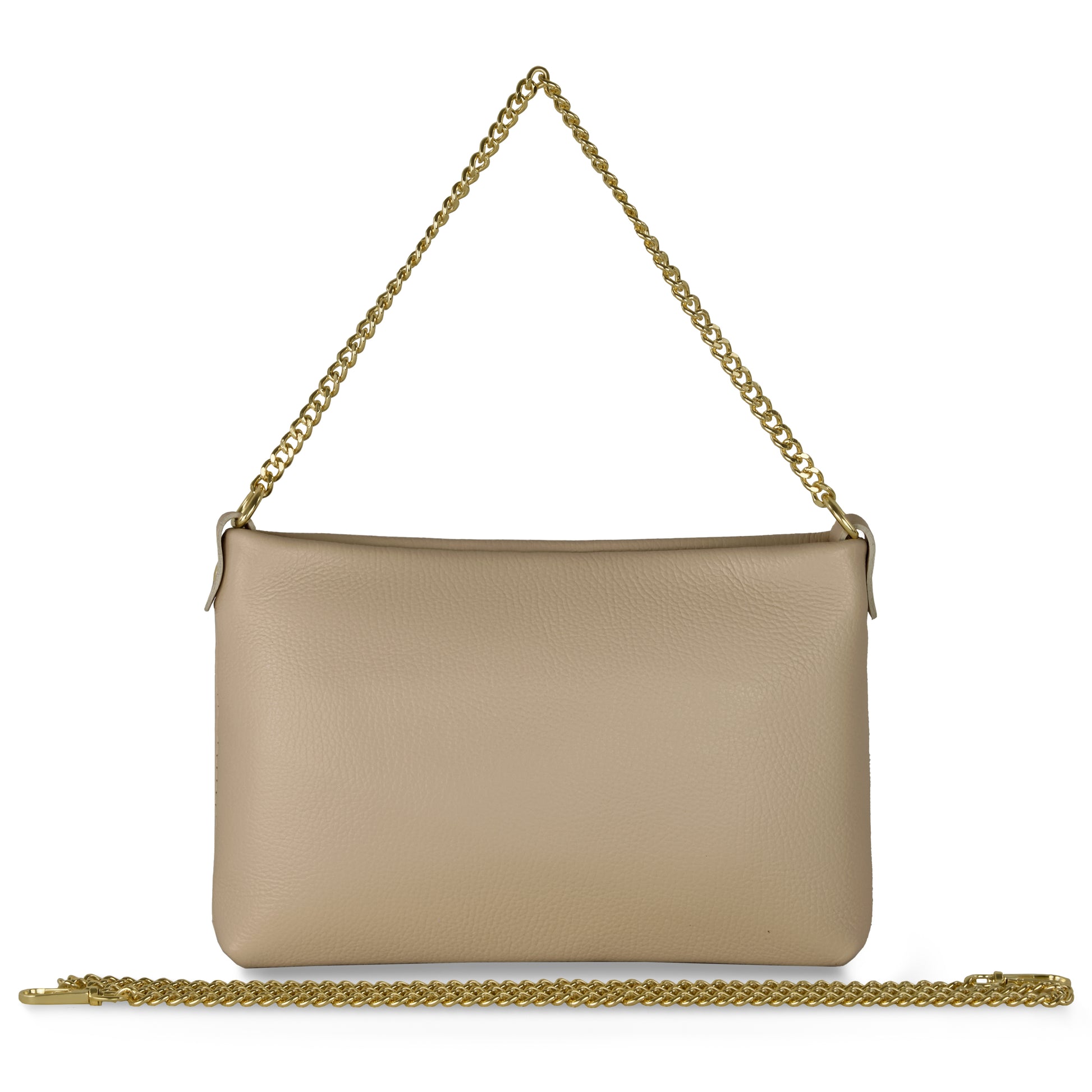 A taupe Italian leather handbag features a gold chain shoulder strap attached, with an extra matching chain strap below the bag on a white background—ideal as a chic small crossbody purse for any occasion.