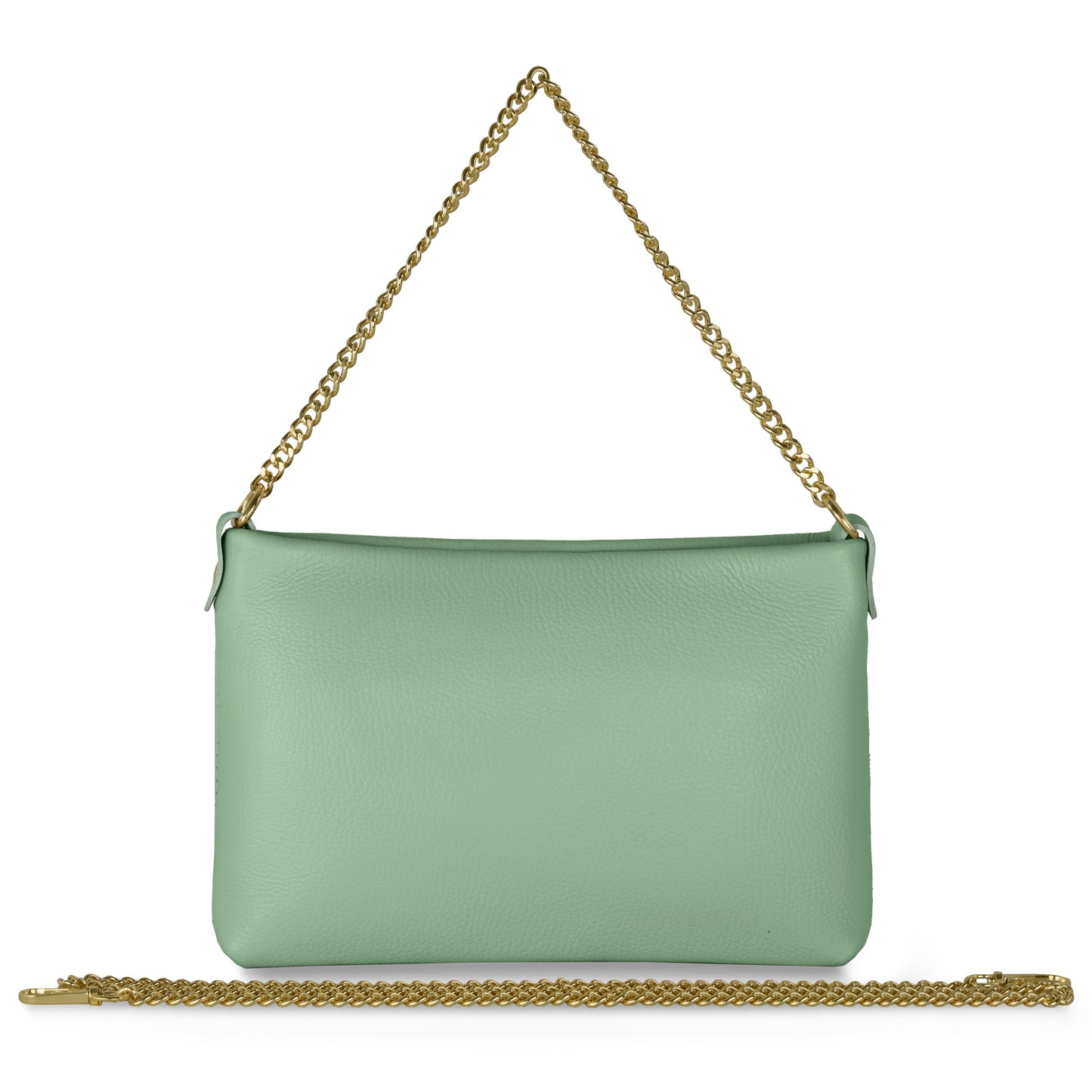 A sage green handcrafted handbag with a detachable gold chain strap, made from pebbled Italian calf leather. The rectangular purse is shown against a white background, with the chain both attached and laid out.