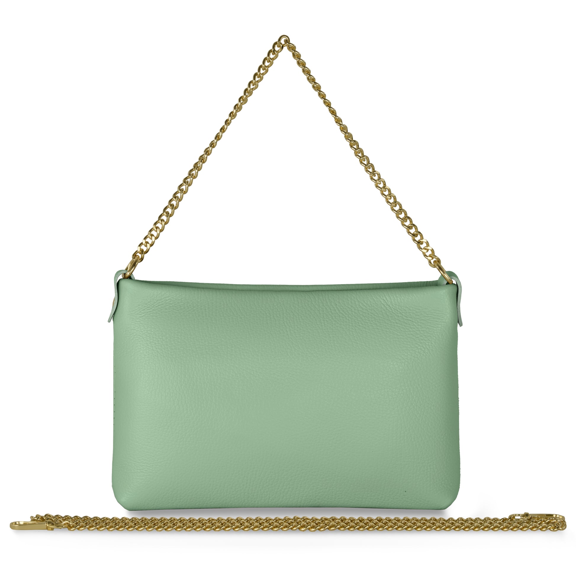 A sage green handcrafted handbag with a detachable gold chain strap, made from pebbled Italian calf leather. The rectangular purse is shown against a white background, with the chain both attached and laid out.