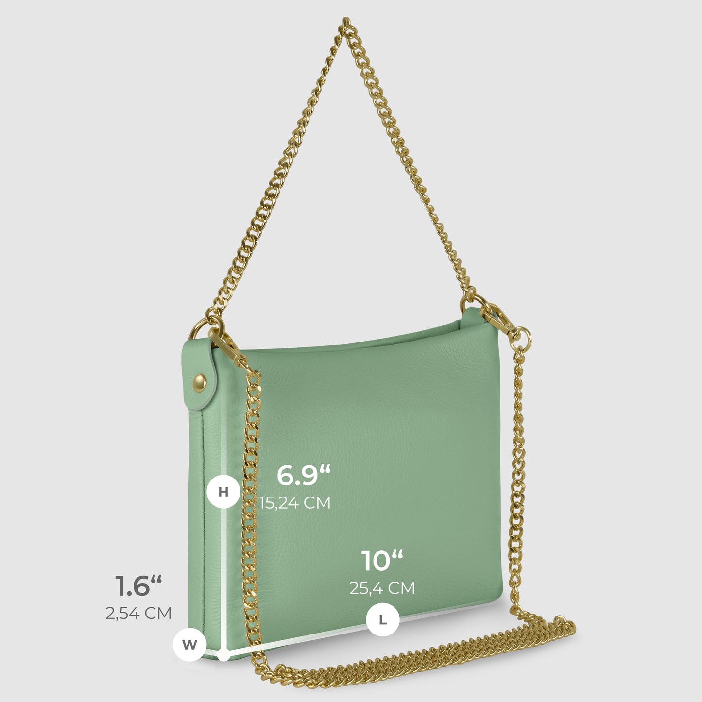 A light green handcrafted handbag with a gold chain strap is shown. The purse’s dimensions are labeled: height 6.9 inches (15.24 cm), length 10 inches (25.4 cm), and width 1.6 inches (2.54 cm).