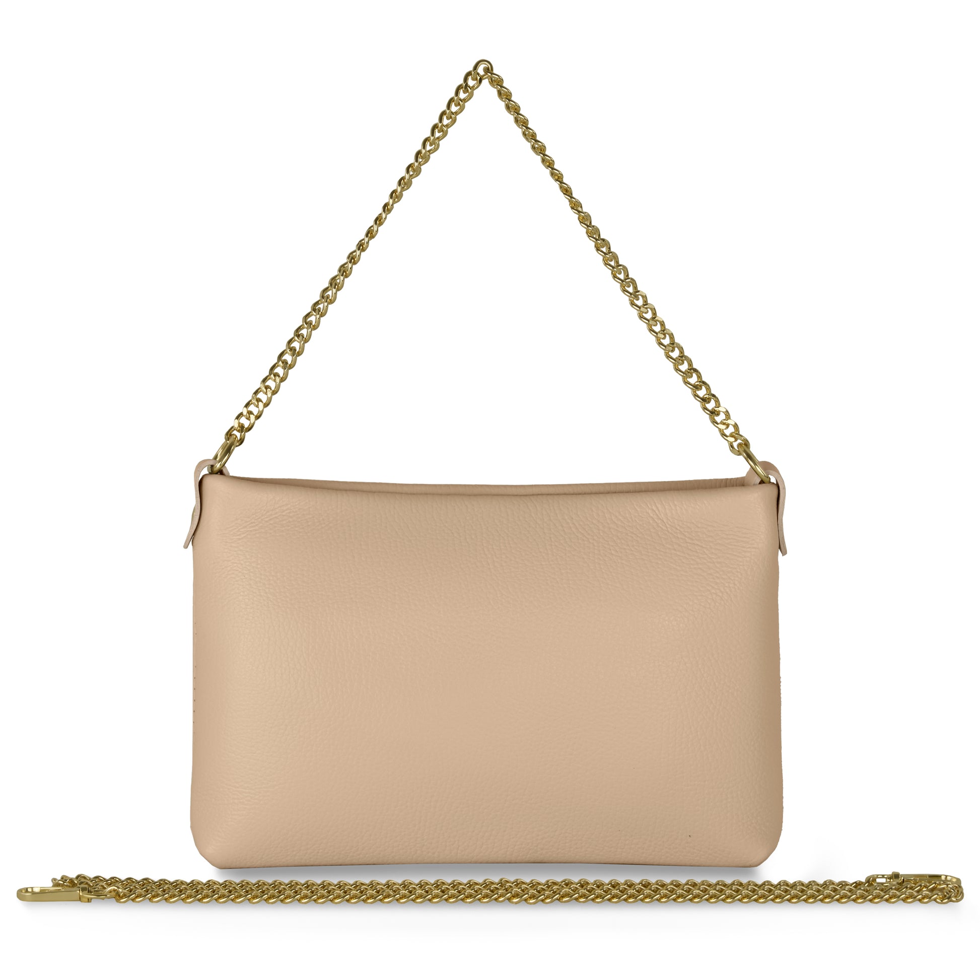 A nude Italian calf leather crossbody purse features a gold chain strap and comes with an extra matching gold chain handbag strap, both displayed against a white background.