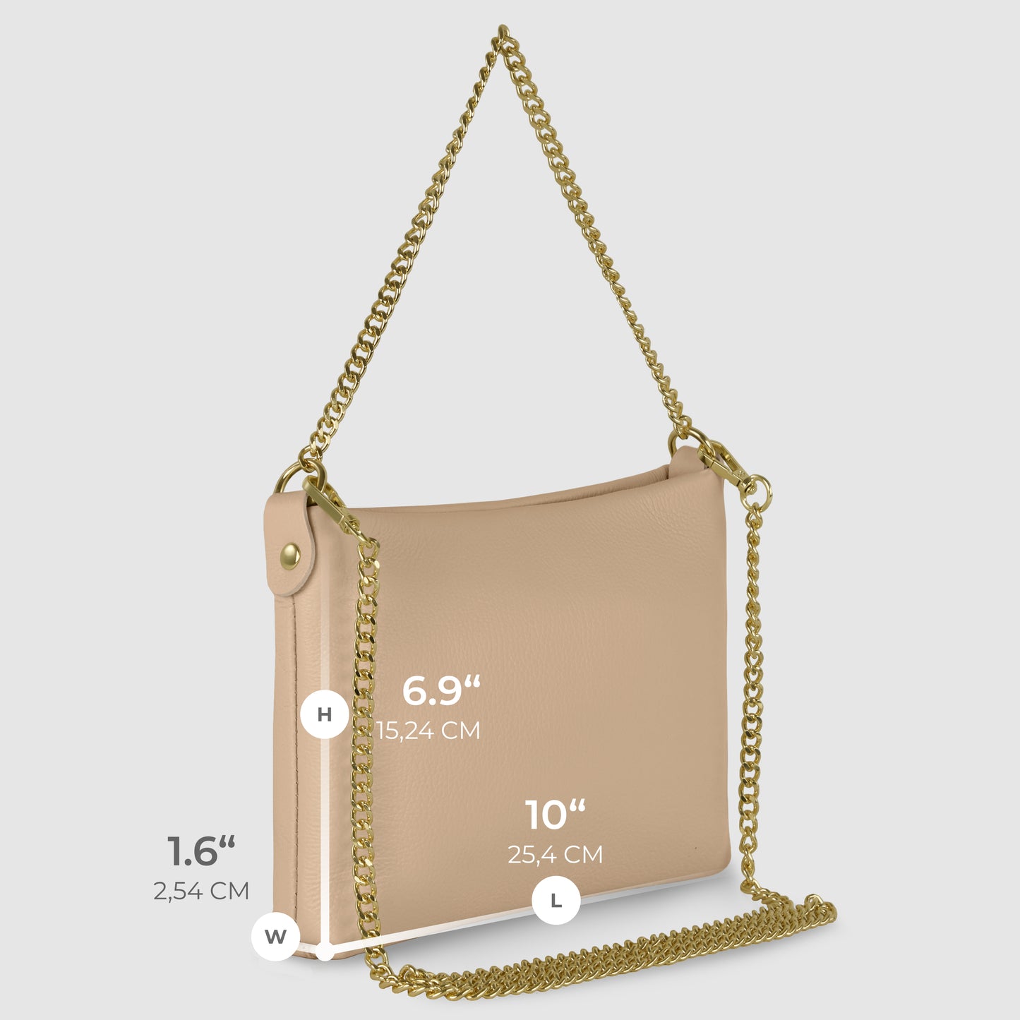 A beige Italian calf leather crossbody purse with a gold chain strap. Meticulously crafted and measuring 6.9 inches high, 10 inches long, and 1.6 inches wide.