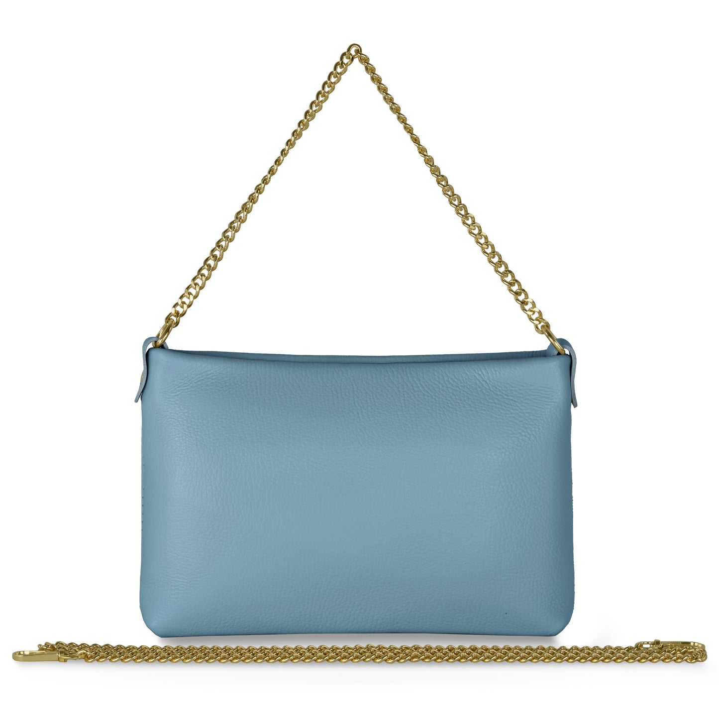 A denim Italian calf leather crossbody purse with a gold chain shoulder strap. A matching gold chain lies in front of the bag, all displayed on a white background.