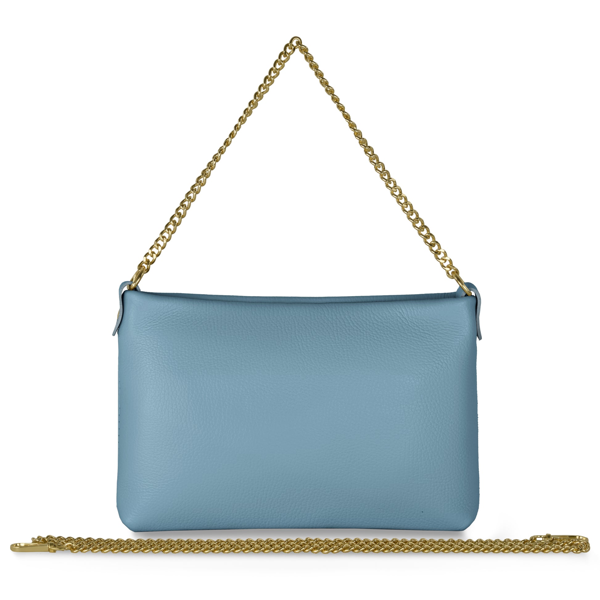 A denim Italian calf leather crossbody purse with a gold chain shoulder strap. A matching gold chain lies in front of the bag, all displayed on a white background.