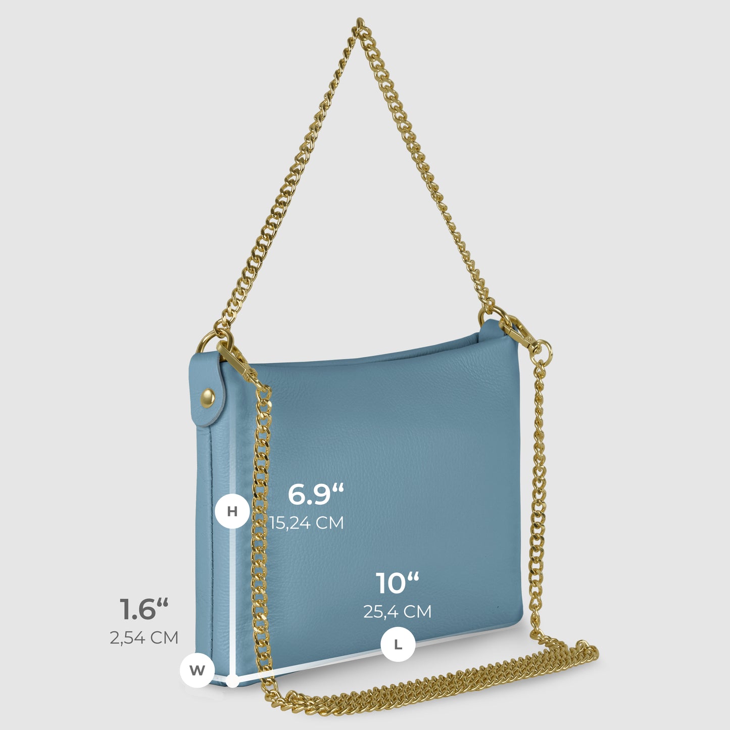 A light blue Italian leather crossbody purse with a gold chain strap is shown against a light gray background. The handcrafted handbag measures 6.9 H, 10 L, and 1.6 W, with dimensions labeled in both inches and centimeters.