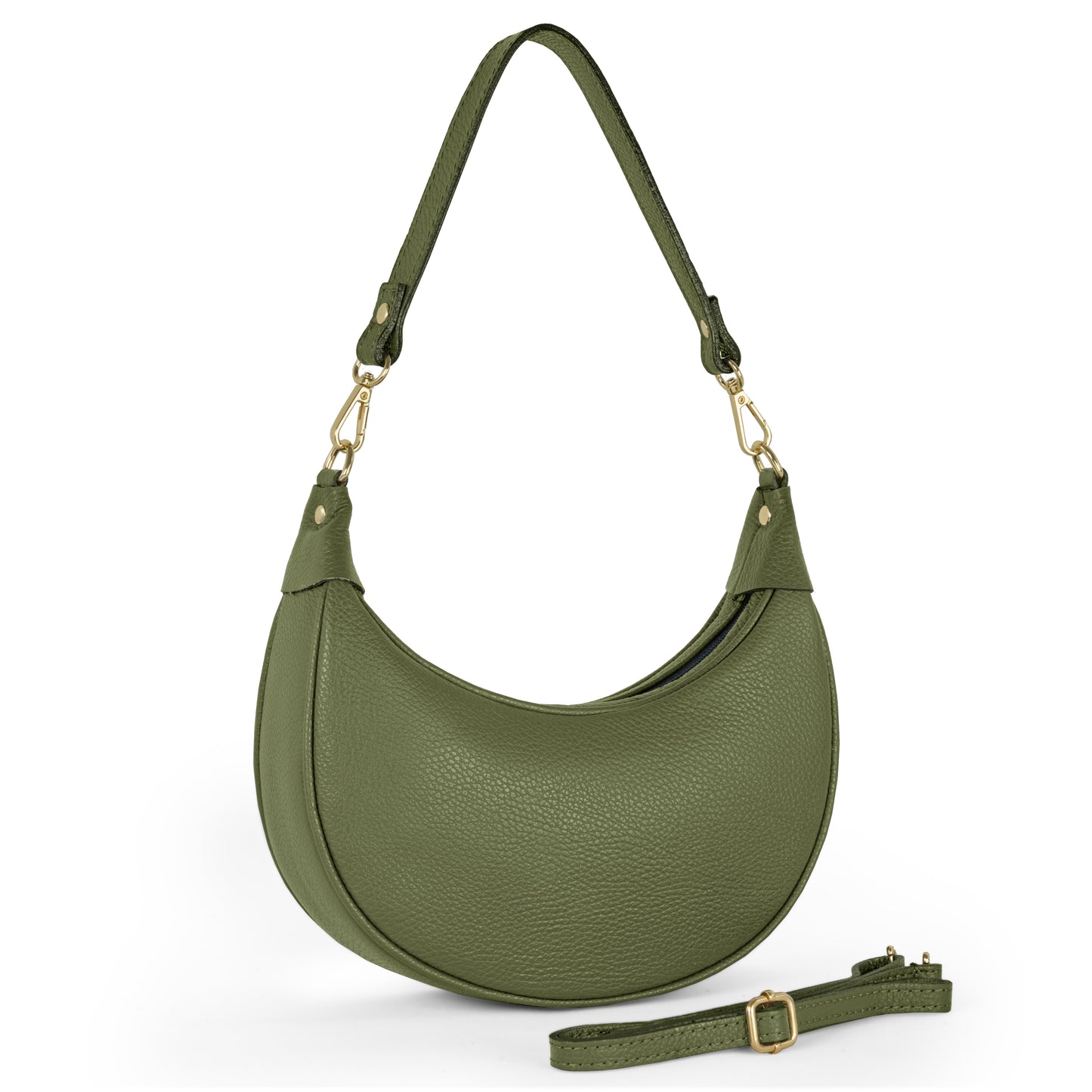 Olive crescent-shaped handbag crafted from Italian calf leather features gold-tone hardware, a short shoulder strap, and a detachable, adjustable long strap displayed in front against a white background.