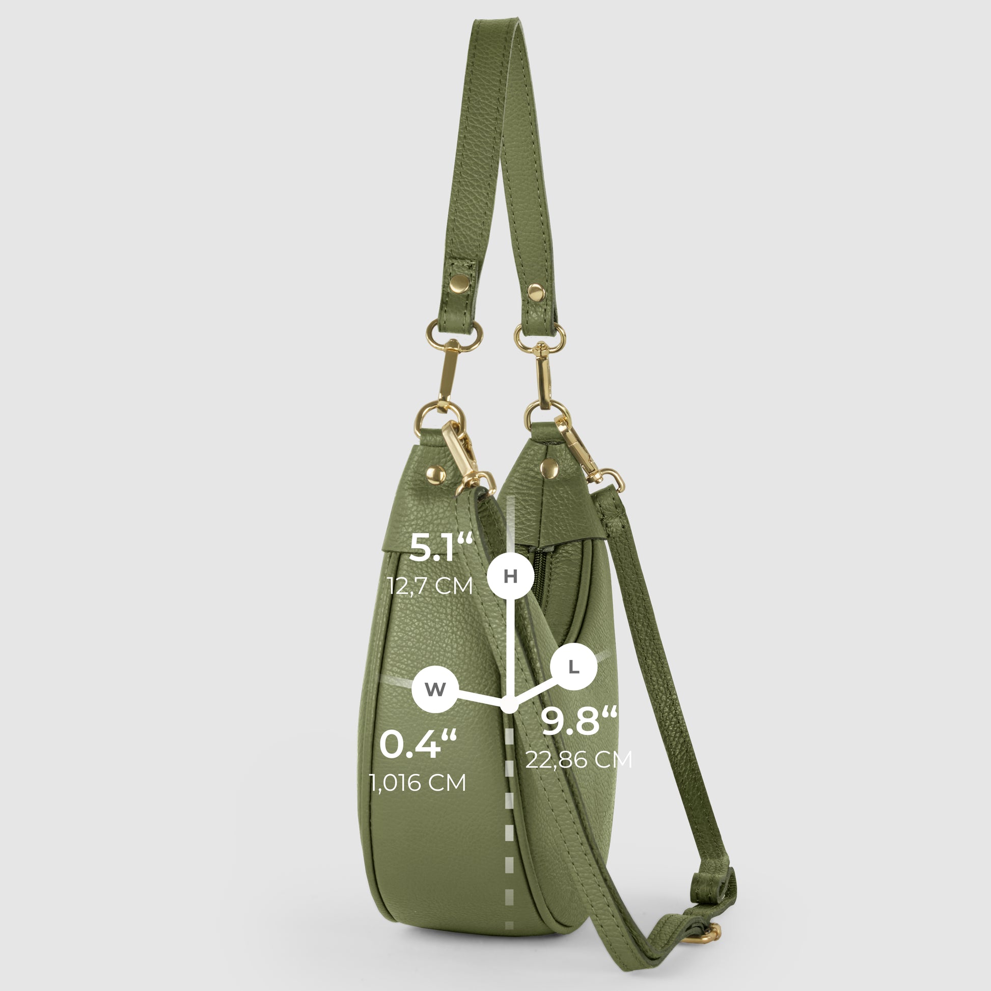 Side view of a crescent-shaped handbag in green with gold hardware, showing measurements: height 5.1 inches (12.7 cm), width 0.4 inches (1.016 cm), and length 9.8 inches (22.86 cm).