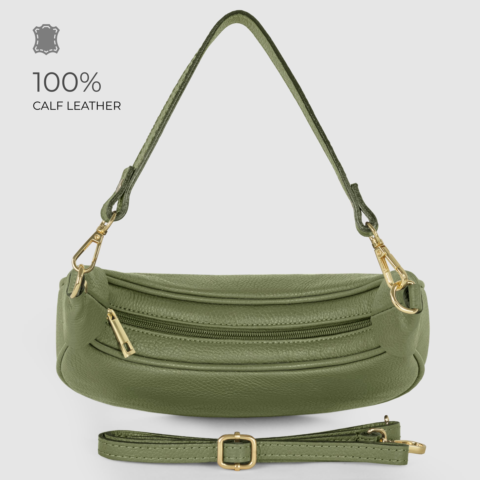 A small, green Italian leather handbag with gold hardware, a zippered front pocket, and a detachable, adjustable strap is displayed on a light background. Text reads 100% Calf Leather with a leather symbol.