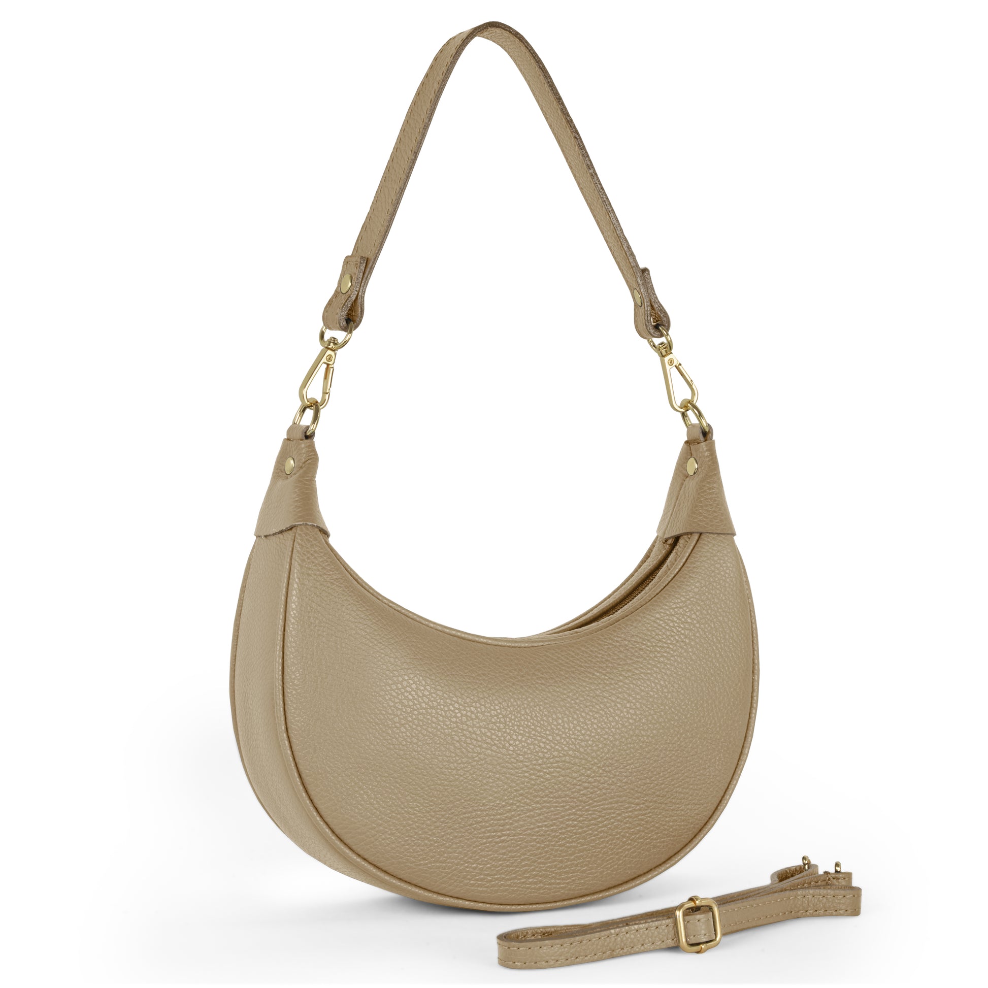 A taupe crescent-shaped handbag made from Italian calf leather, with a top handle and a detachable, adjustable shoulder strap, showcased against a white background.