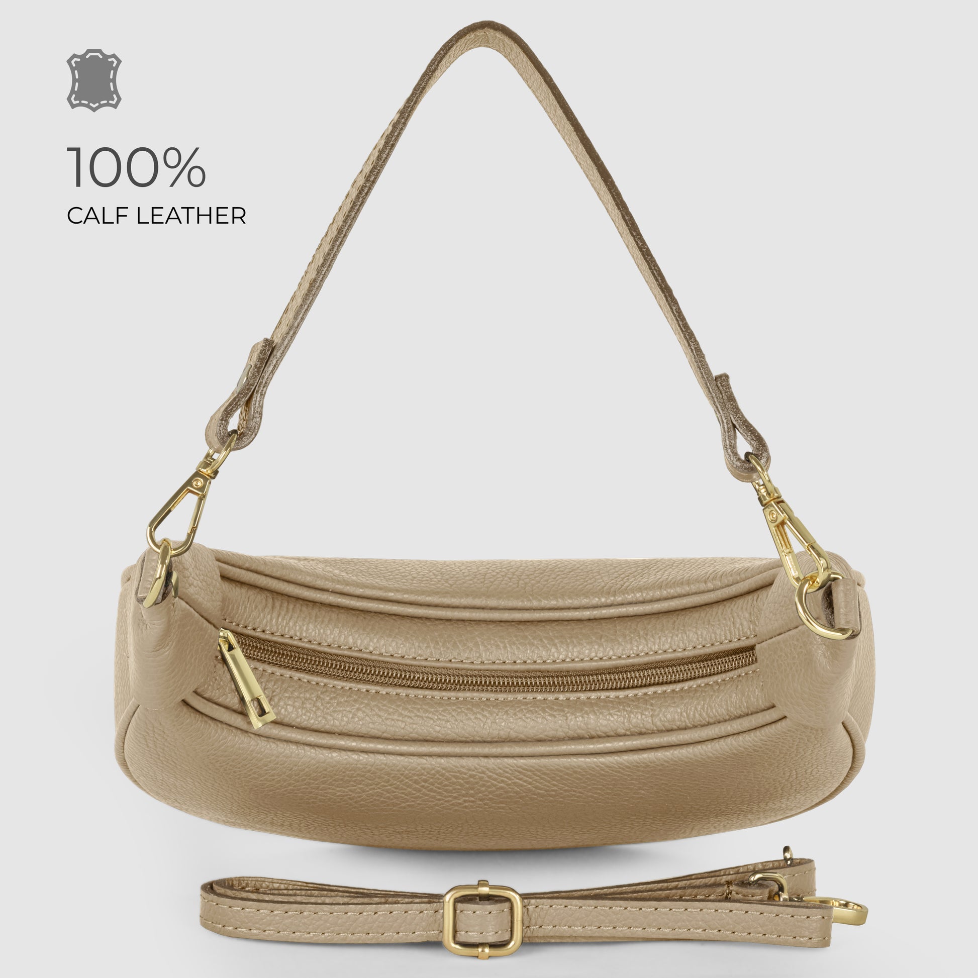 Beige crescent-shaped handbag in Italian calf leather with gold hardware, a detachable curved shoulder strap, front zip pocket, and adjustable long strap on display. Text reads 100% CALF LEATHER with a leather symbol on a light background.