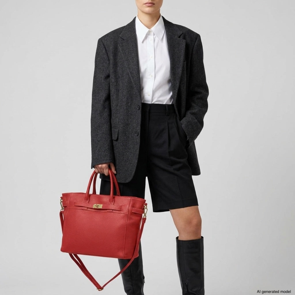 A person wearing a dark blazer, white shirt, black shorts, and knee-high black boots holds a luxury tote bag with gold hardware against a plain light background.