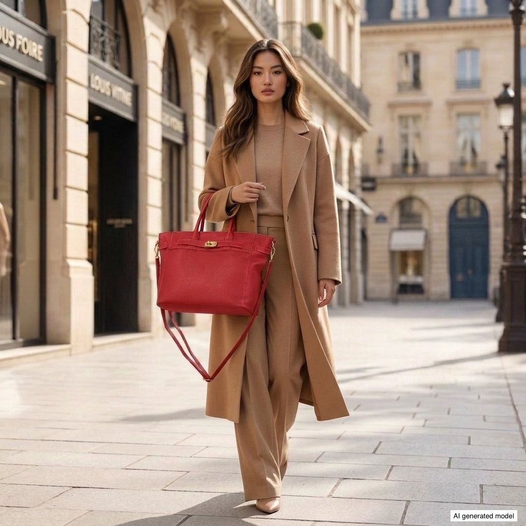 A woman in a tan overcoat and matching outfit walks down a stylish city street, carrying an Italian leather handbag. The scene features elegant buildings and a calm, fashionable atmosphere.