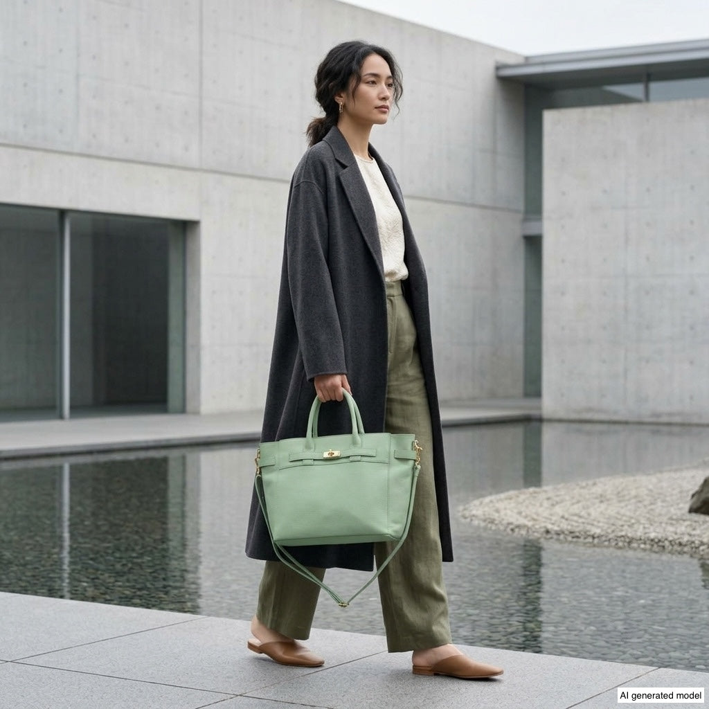 A woman in a long dark coat, light top, and olive pants walks by a modern concrete building and reflecting pool, carrying a luxury tote bag in mint green. She has short wavy hair and wears tan flats.