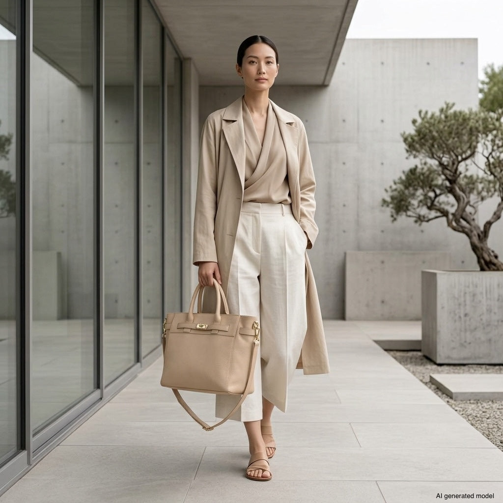 A woman in a beige trench coat, cream blouse, and white trousers walks confidently while holding an Italian leather handbag. She wears open-toed heels and stands in a modern, minimalist outdoor setting with concrete walls and a tree.
