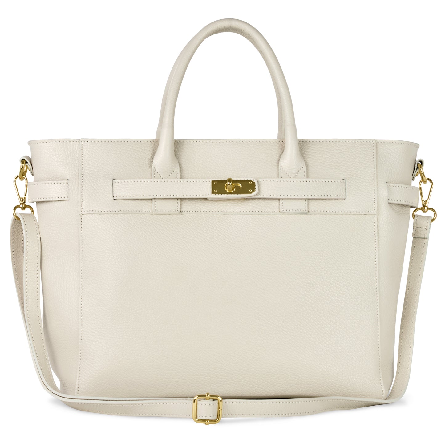 A structured, cream-colored Italian leather tote bag with double handles, a detachable shoulder strap featuring gold hardware, and a front flap with a gold turn-lock closure adds elegance to this luxury handbag.