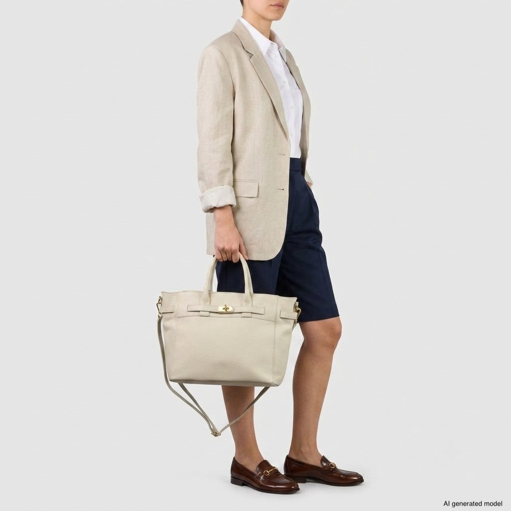 A person wearing a beige blazer, white shirt, navy knee-length shorts, and brown loafers holds a large Italian leather handbag against a plain light gray background.