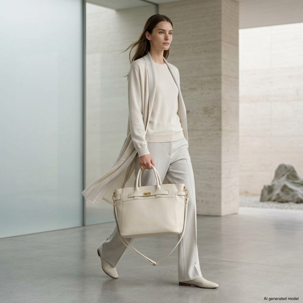 A woman dressed in stylish, light-colored clothing walks indoors, carrying a luxury tote bag. The modern, minimal interior features neutral walls and a large window.