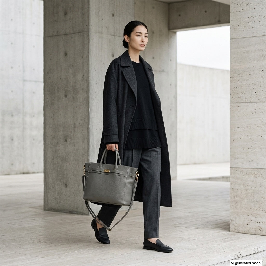 A woman dressed in dark, minimalist clothing walks in a modern concrete setting, carrying a luxury tote bag. She wears a long coat, sweater, trousers, and loafers, exuding a professional, stylish look.