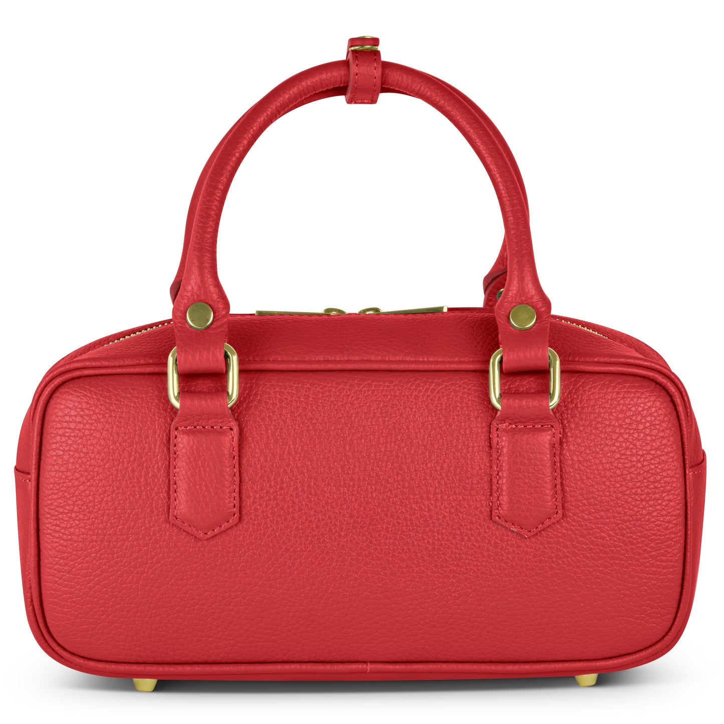 A small, rectangular red handbag with two short handles, gold hardware, and a textured finish is shown against a white background.