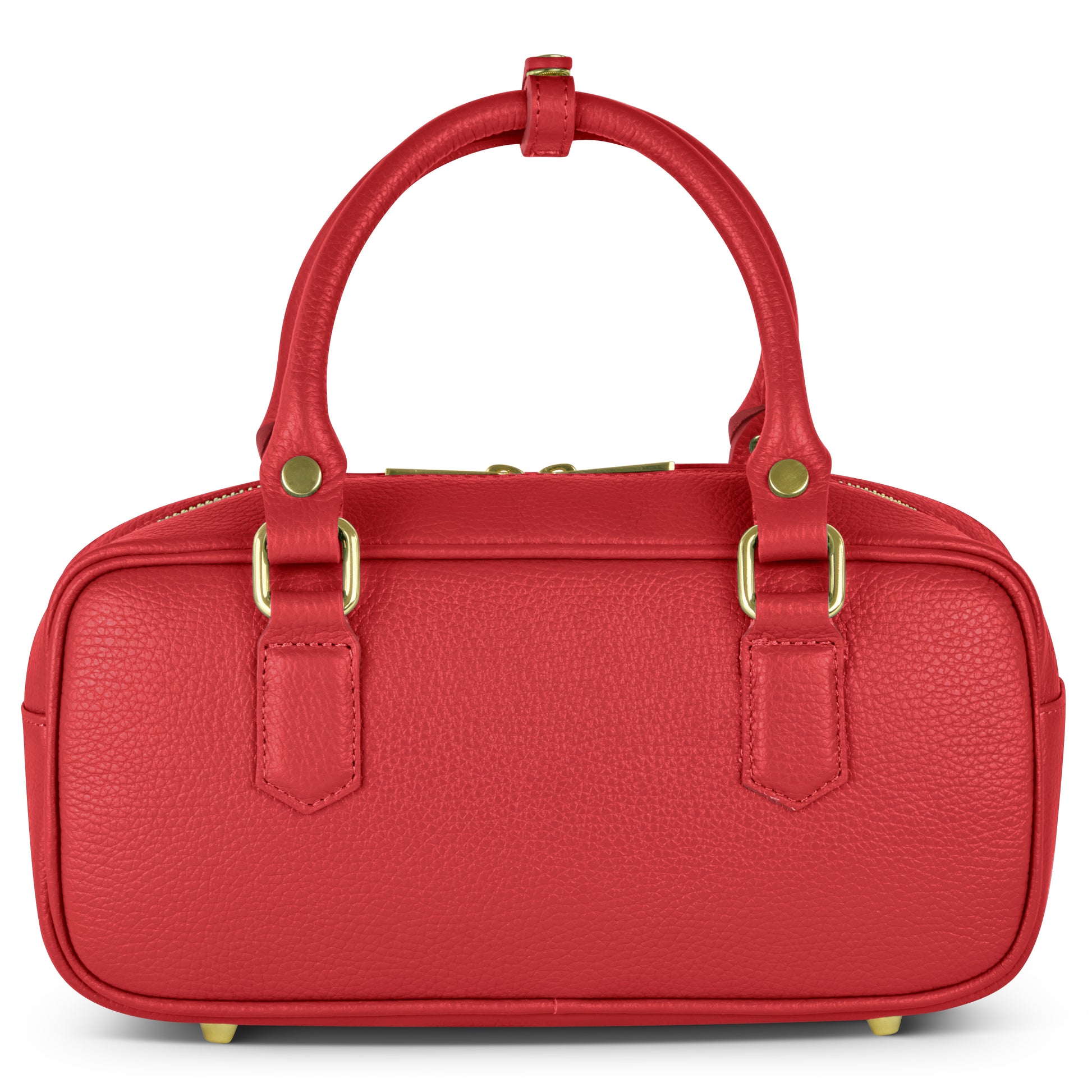 A small, rectangular red handbag with two short handles, gold hardware, and a textured finish is shown against a white background.
