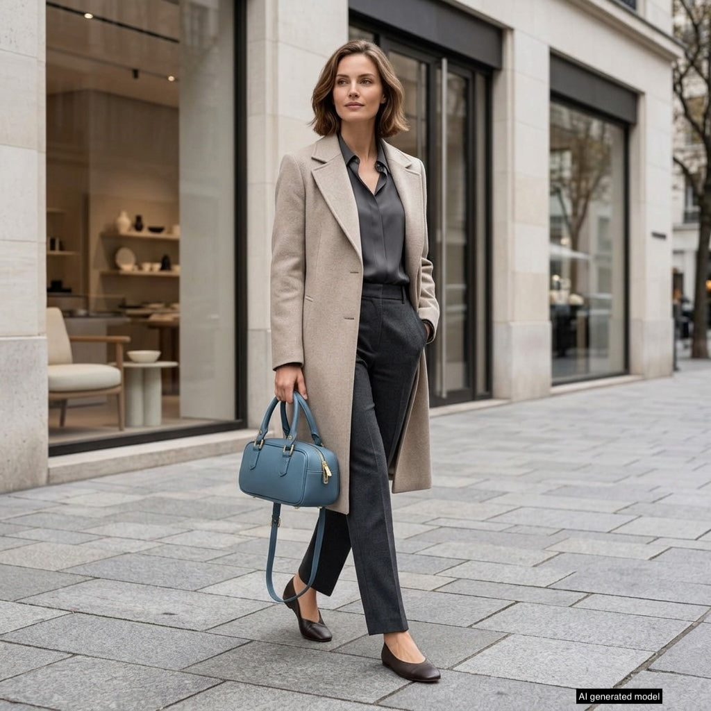 A woman in a beige coat, gray blouse, and dark trousers walks confidently on a city sidewalk, carrying a minimalist structured bag. She has short brown hair and is passing modern storefronts with large windows.