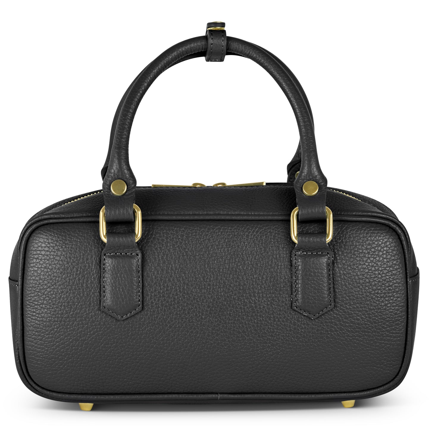 A black Italian leather handbag with gold hardware, two handles, and a pebbled texture is displayed against a white background.
